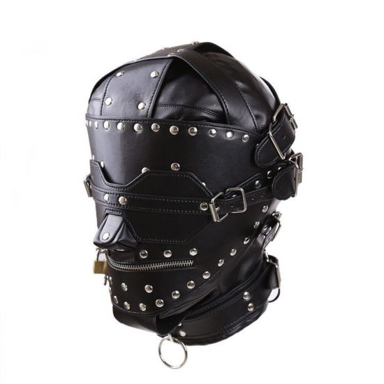 Deprivační maska s kovovými cvoky, ústa na zip BDSM
