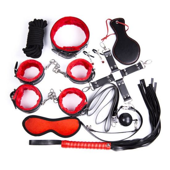 Desetidílná sada bondage sex toy kit BDSM černo - červená