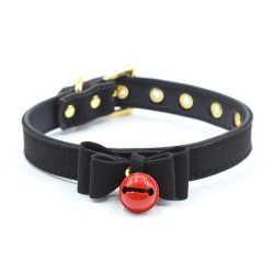 Elegantní obojek s mašličkou a rolničkou, umělá kůže, BDSM