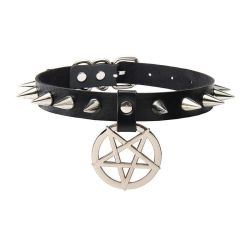 Černý kožený obojek Pentagram s kovovými ostny, Fetiš, BDSM