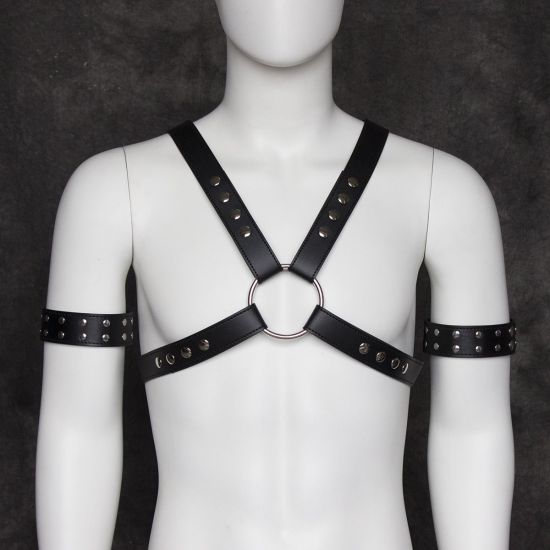 Kožený hrudní pás a pásky přes paže, cvočky, pro ženy a muže, BDSM