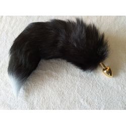 Zlatý FOX anální kovový kolík s černo stříbrným ocáskem, BDSM - 45 cm